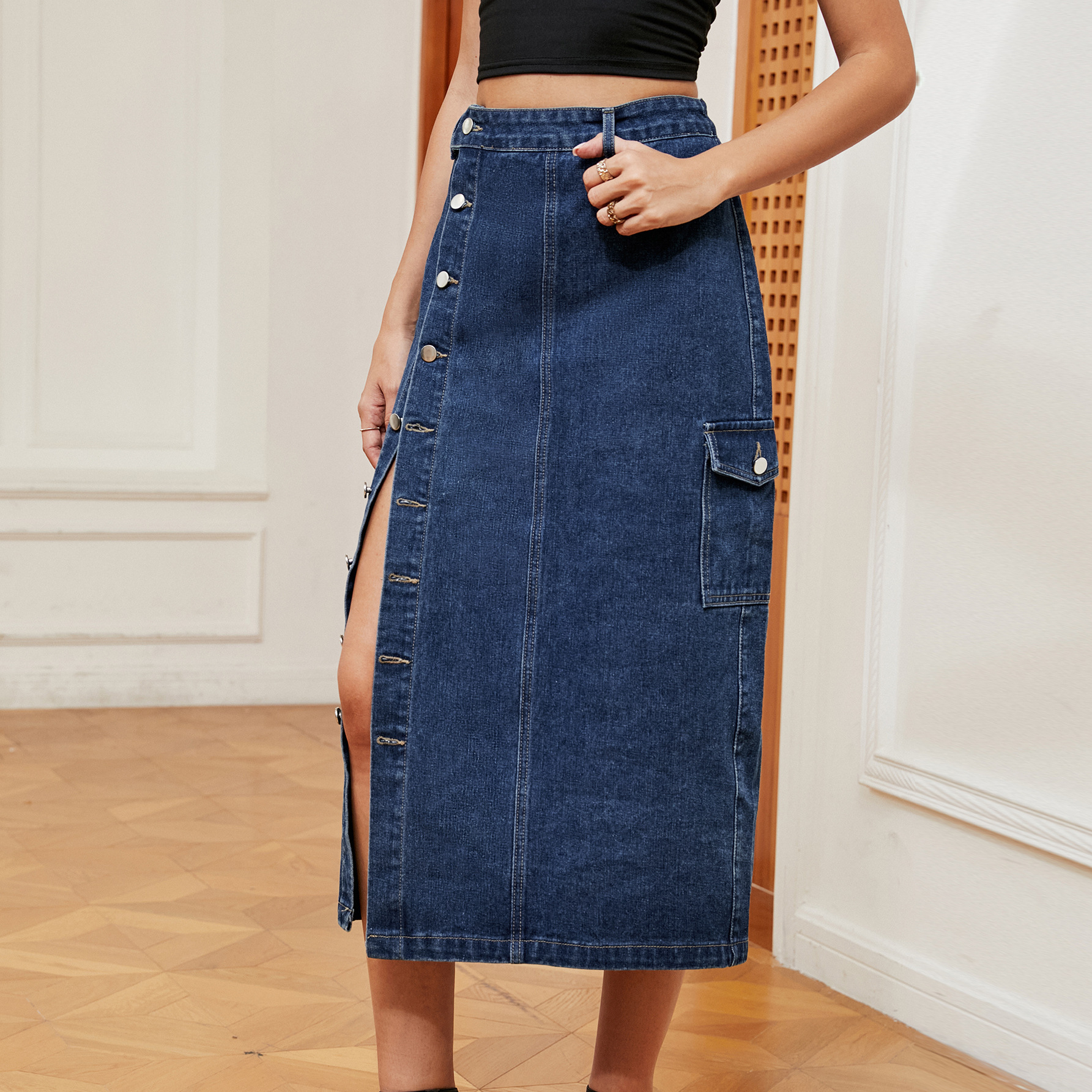 Inelastic Elasticity Spring Autumn Streetwear Solid Color Denim Midi Dress Skirts