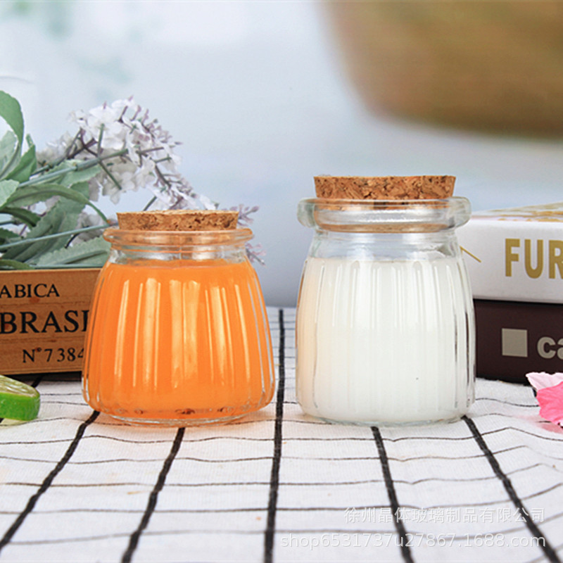 卸売り100mlガラス布丁瓶厚手牛乳カップ耐高温ヨーグルト瓶木栓ガラス瓶許瓶瓶