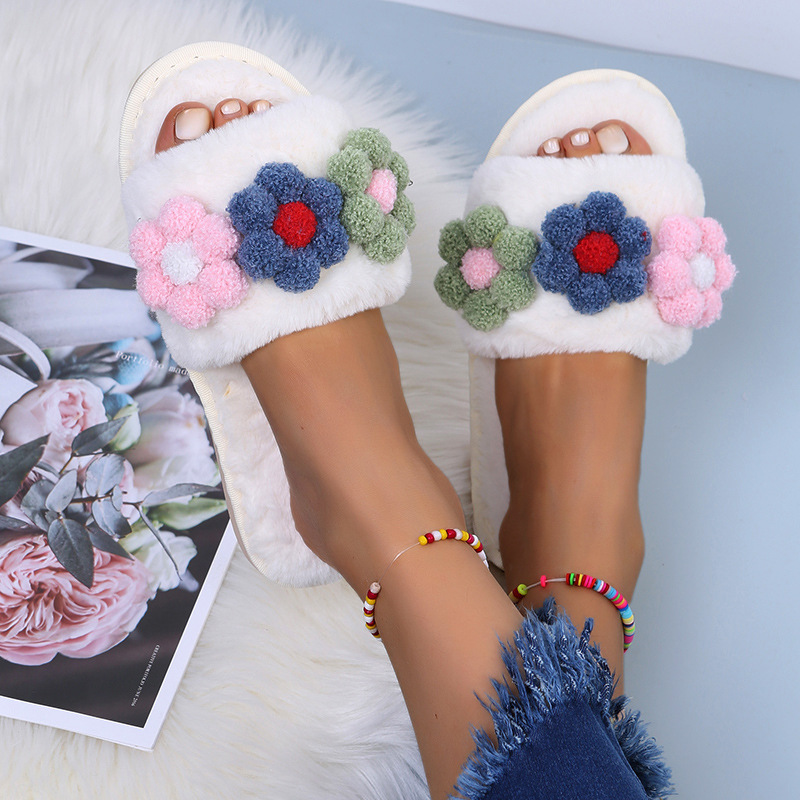 Flat-Bottomed Colorful Flowers Furry Slippers NSKJX104840