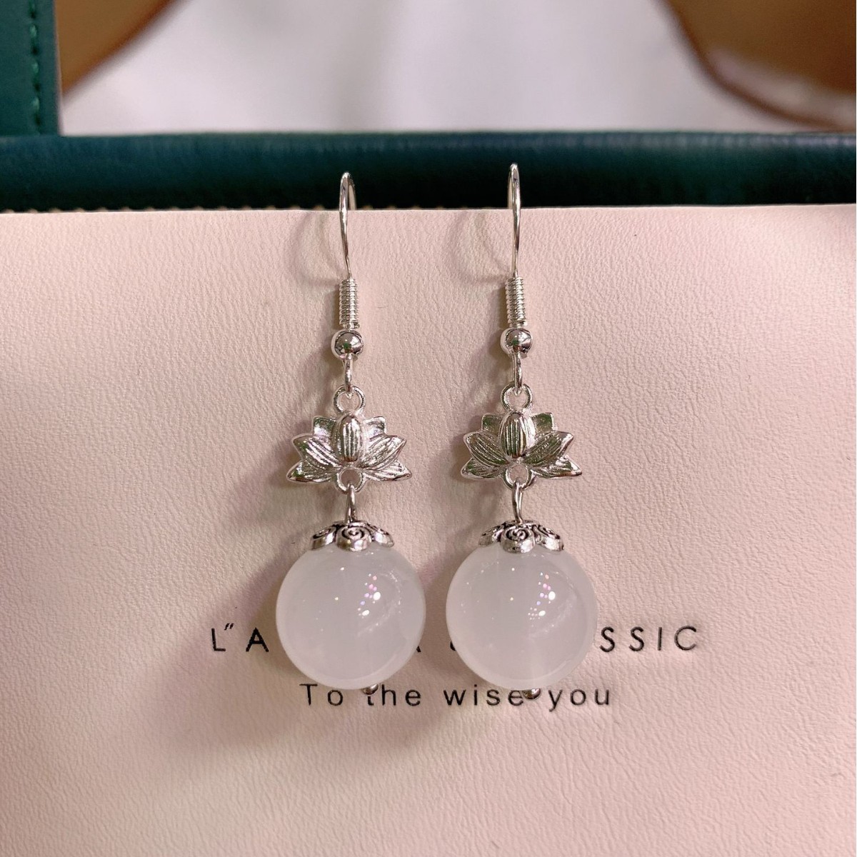 Premium White Chalcedony Round Bead Earrings Elegant Retro Style_voghion.com