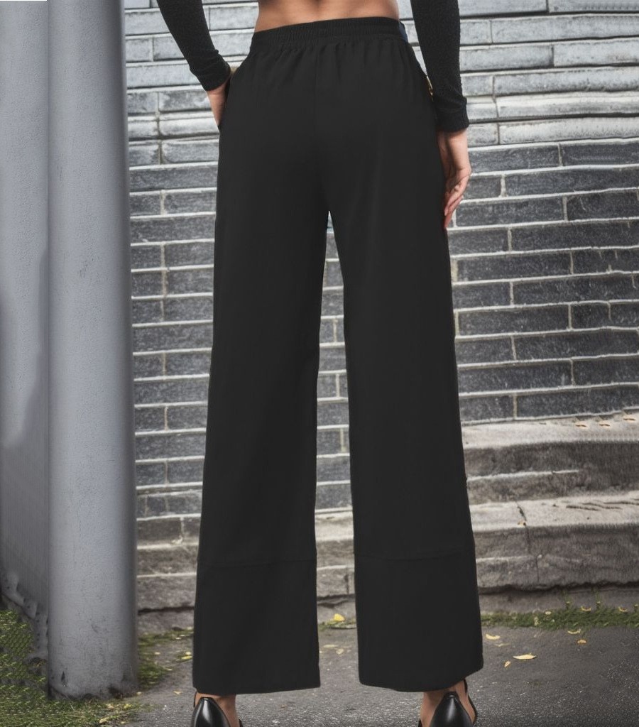 Pantaloni da donna larghi casuali di colore solido nuovi di autunno 2024 in poliestere nero_voghion.com