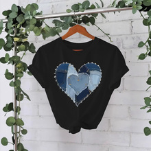 短袖女t恤牛仔爱心印花夏季新款时尚eBay现货圆领T恤休闲短袖