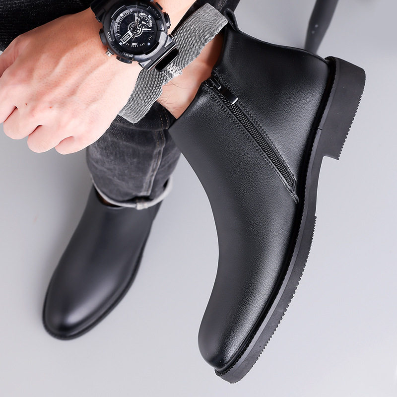Giày bốt Martin nam cổ trung phong cách denim, mũi rộng, xích bên hông, đế cao su chống trượt, giữ ấm — Màu nâu lót da, Màu đen lót bông, Màu đen lót da