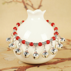 New red rope woven nine-bell crystal anklet that rings for women, high-end temperament, retro ethnic style hidden silver anklet