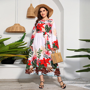 Large-scale printed long-sleeved dress with high waist lace-up holiday style and large swing skirt are popular in Europe