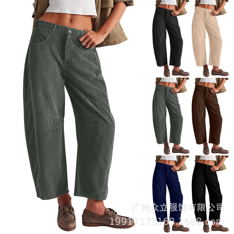 2024 Amazon Autumn New Women's High Waist Casual Pants European and American Solid Color Corduroy Loose Straight Pants Women