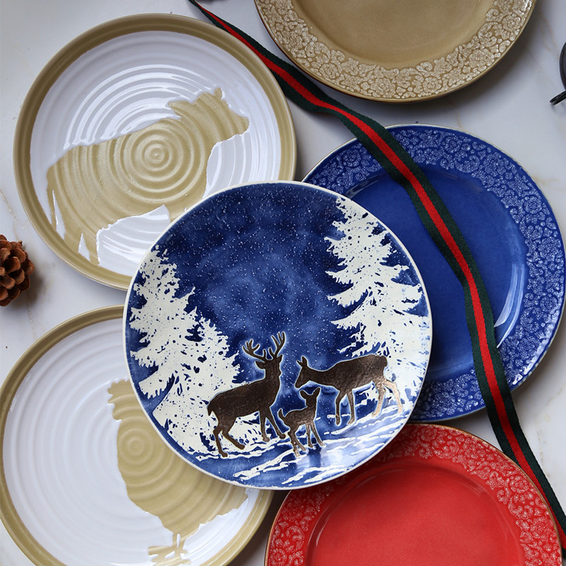 创意特色日式餐具西餐盘手绘圆形陶瓷盘子 菜盘 家用 牛排盘 直销