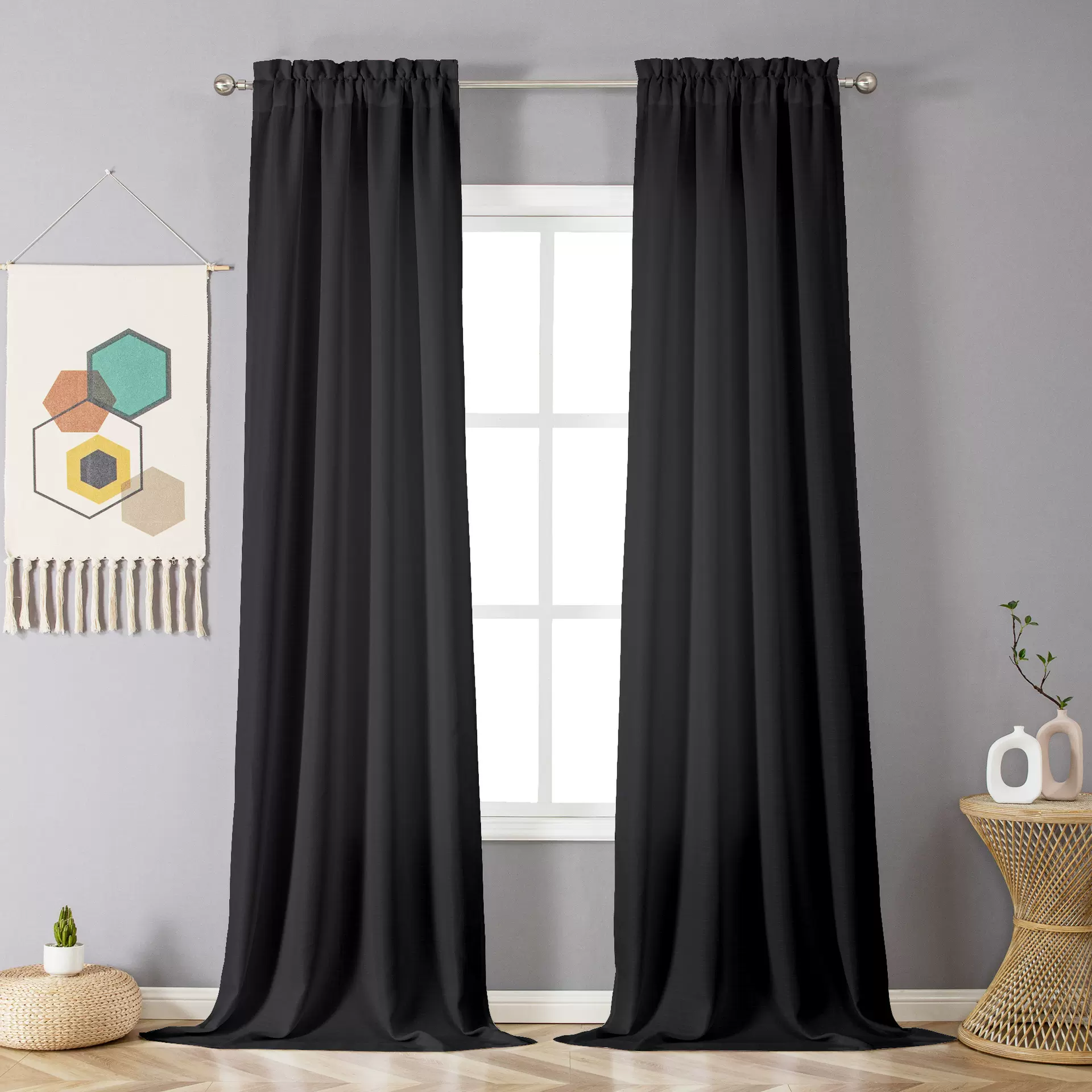 跨境热销涤麻布滤光黑色窗帘客厅卧室素色穿孔窗帘