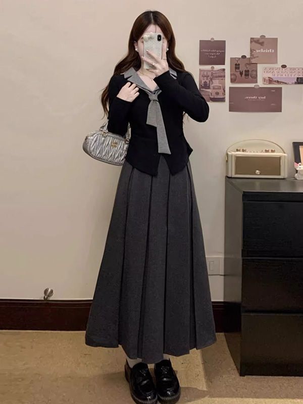 韩系chic假两件长袖T恤套装女秋季高腰显瘦百褶裙设计感拼接上衣|undefined
