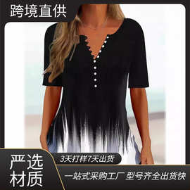 现货跨境欧美女装亚马逊2026夏季宽松V 领印花短袖打褶纽扣衬衫女