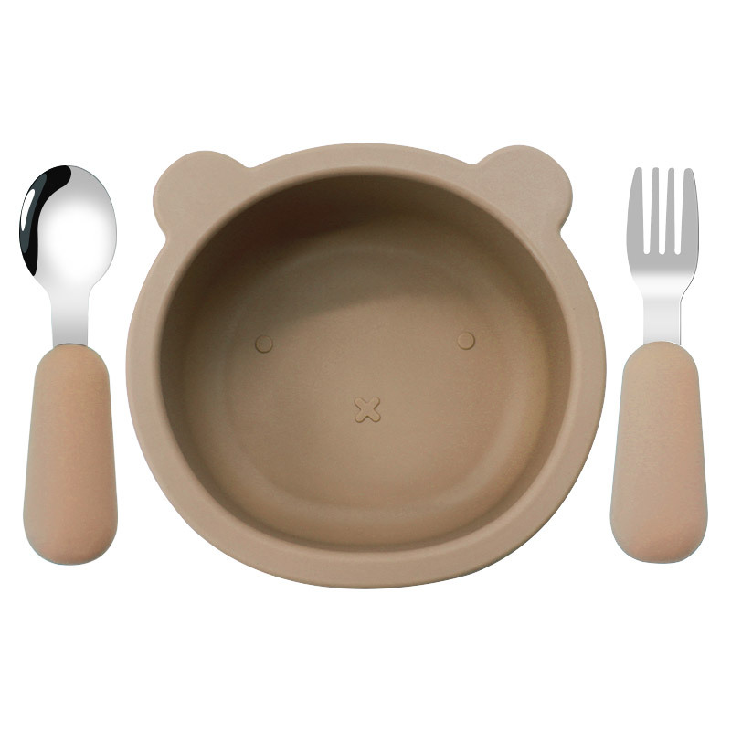 Oso para niños Tazón tenedor de silicona cuchara alimentos complementarios vajilla de alimentación resistente a las caídas suministros maternos e infantiles tazón de silicona dibujos animados oso Tazón