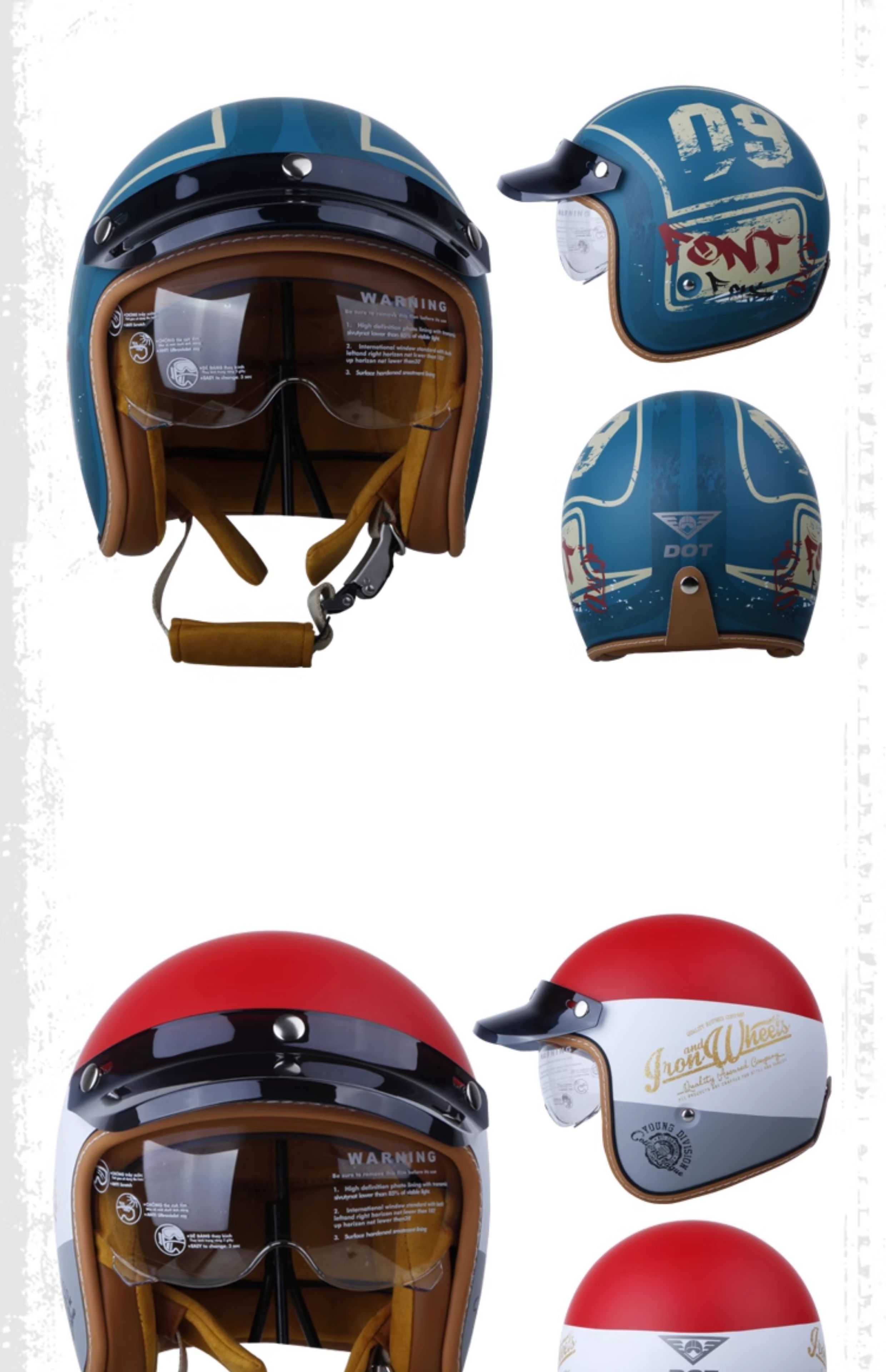 Retro Motorcycle Helmet 3/4 Open Face with Inner Visor