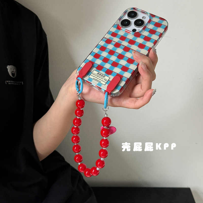 复古蓝红格子撞色ins手提适用iPhone16pro max苹果15手机壳14女13|undefined