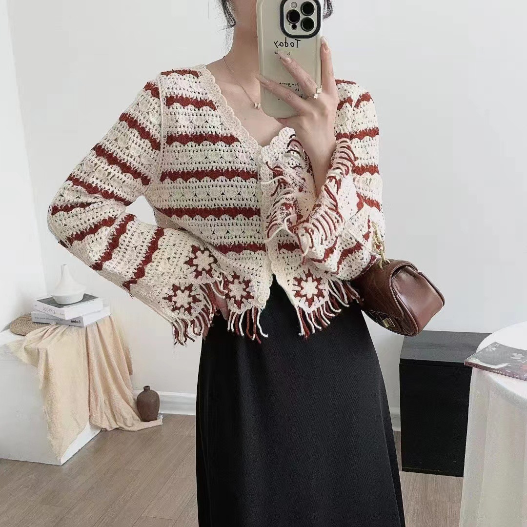 2024 principios de otoño nuevo estilo contraste color hueco rayas borla suéter cardigan mujer delgada chaqueta de punto corto image 7