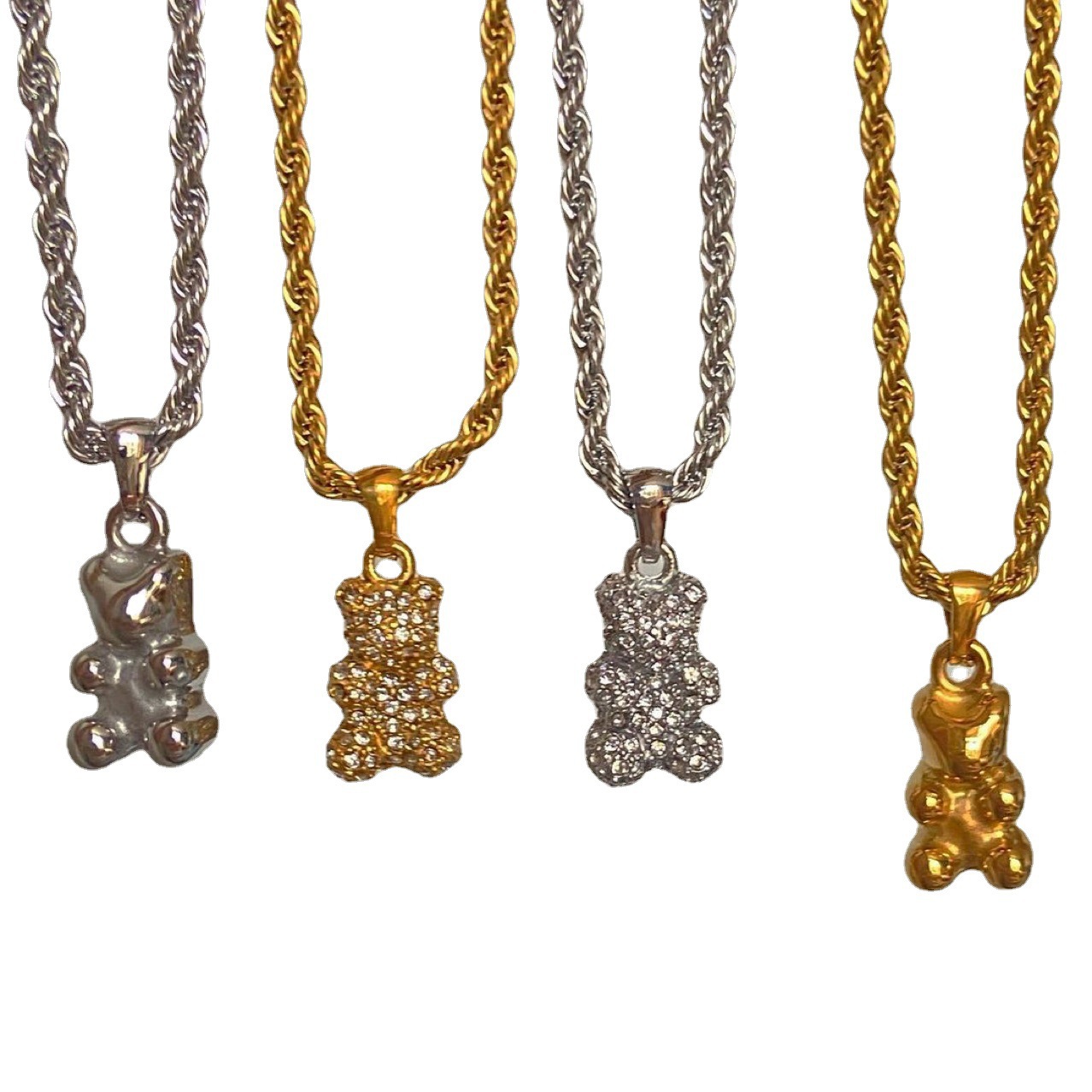 30g Weight 304 Stainless Steel Pendant Material Wholesale Jewelry Casual Little Bear 304 Stainless Steel Rhinestones Animal Diamond Hemp Flowers Chain Pendant Necklace