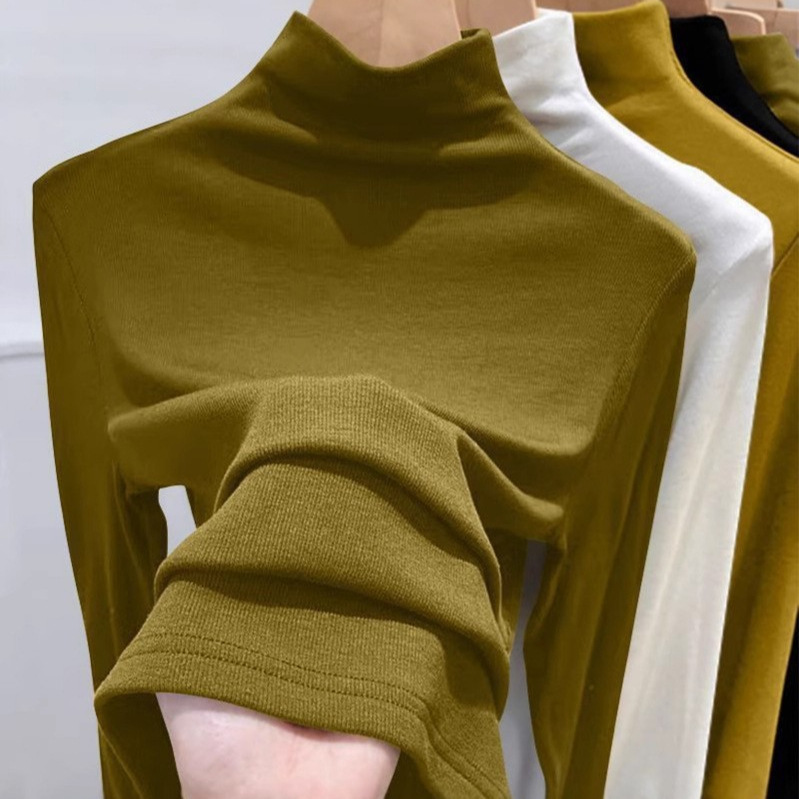 180g Threaded Half Turtleneck Bottoming Shirt for Women New Spring, Autumn and Winter Fashionable Long-Sleeved T-Shirt Slim Fit Velvet Inner Top