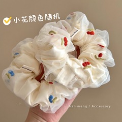 フレンチ優しいベージュの花刺繍大腸シュシュ女子高級感大サイズのお団子の髪飾り髪紐
