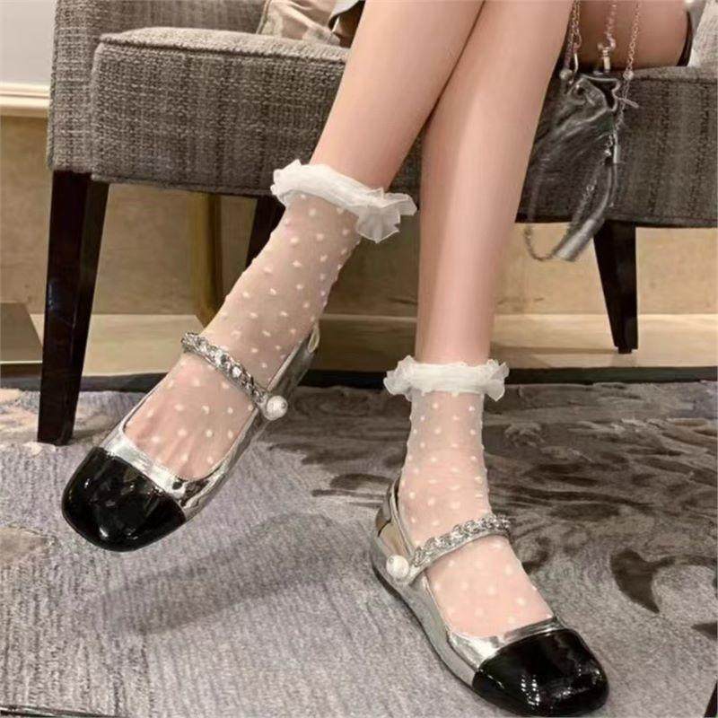 White Polka Dot Lace Socks for Women, Summer Thin Transparent Mesh Mid-Calf Socks, Mary Jane Glass Silk Crystal Socks