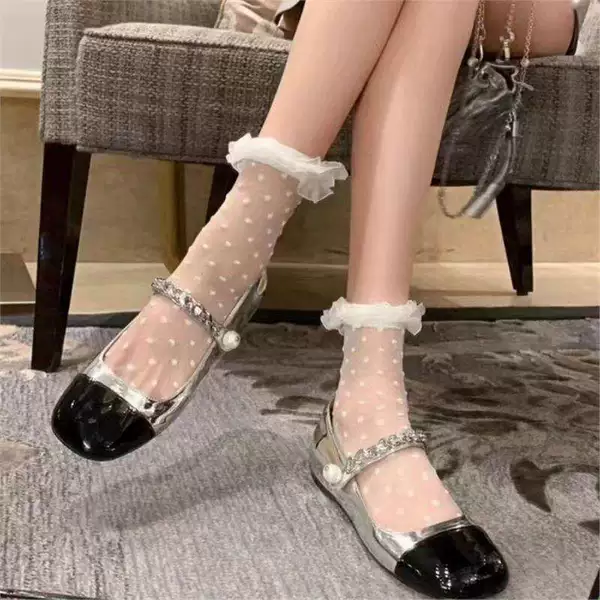 White Polka Dot Lace Socks for Women, Summer Thin Transparent Mesh Mid-Calf Socks, Mary Jane Glass Silk Crystal Socks