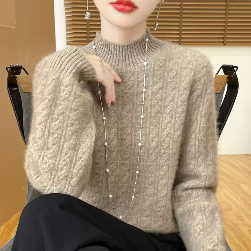 2024秋冬加厚半高领扭花100纯羊毛衫女宽松慵懒羊绒针织毛衣打底