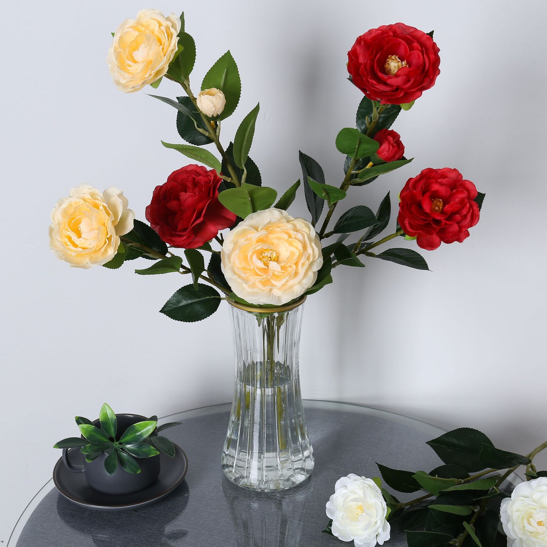 Simulación de camélia de cabeza larga ramas gardenia mesa de comedor sala de estar decoración de flores falsas árboles paisajismo props de fotografía
