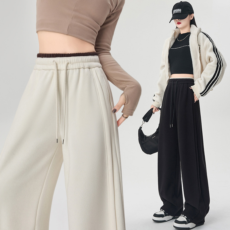 Wide-Leg Pants for Women, New Autumn and Winter High-Waisted Patchwork Color-Block Straight Casual Floor-Length Pants, Fleece-Lined and Thickened, Loose-Fitting Trousers