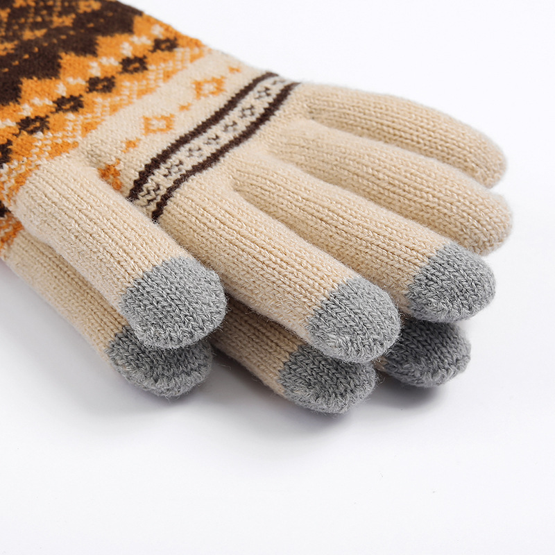 Autumn Winter Adult Warm Women's Jacquard Knitted Toucreen Yarn And Veet Anti Cold Finger Gloves_voghion.com
