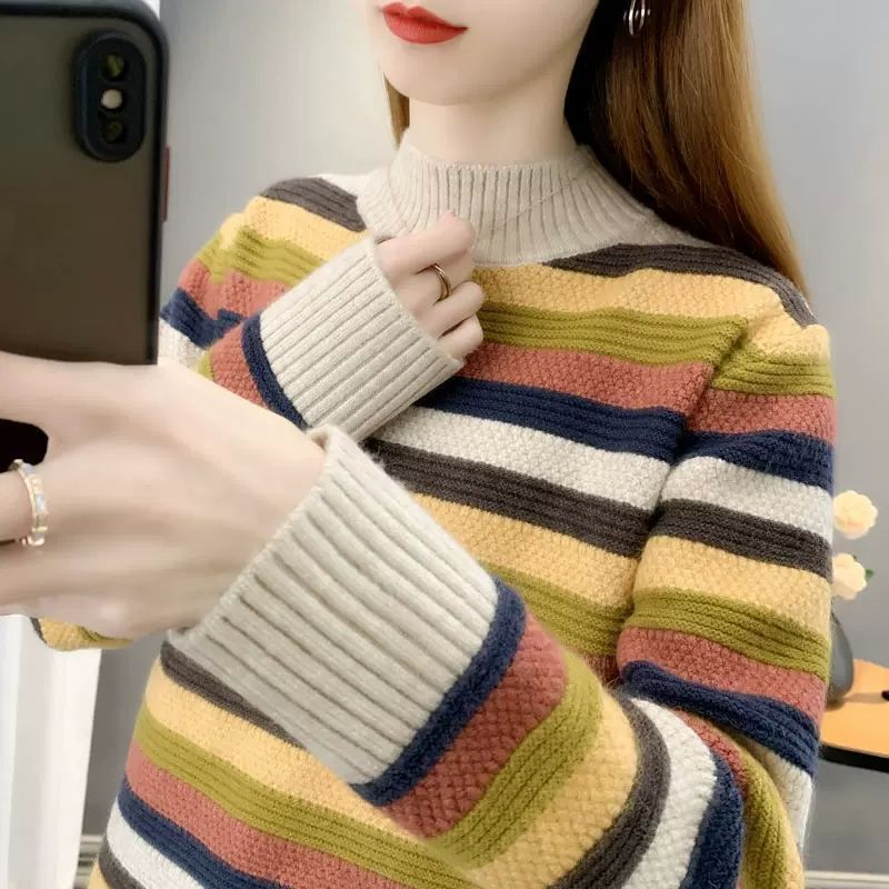 【 Famiglia Cashmere 】 Maglione da donna a righe larghe e spesse in maglia di lana corta con collo alto, strato interno_voghion.com