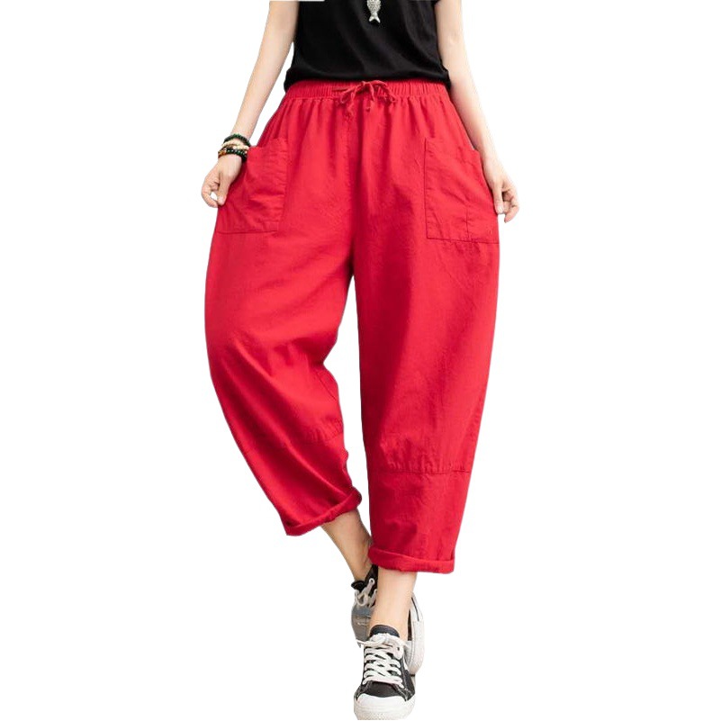 Nuevos pantalones de rábano de algodón y lino para mujer, pantalones finos de ramio de verano, pantalones sueltos de gran tamaño para mujer, pantalones harem casuales de ocho puntos image 1