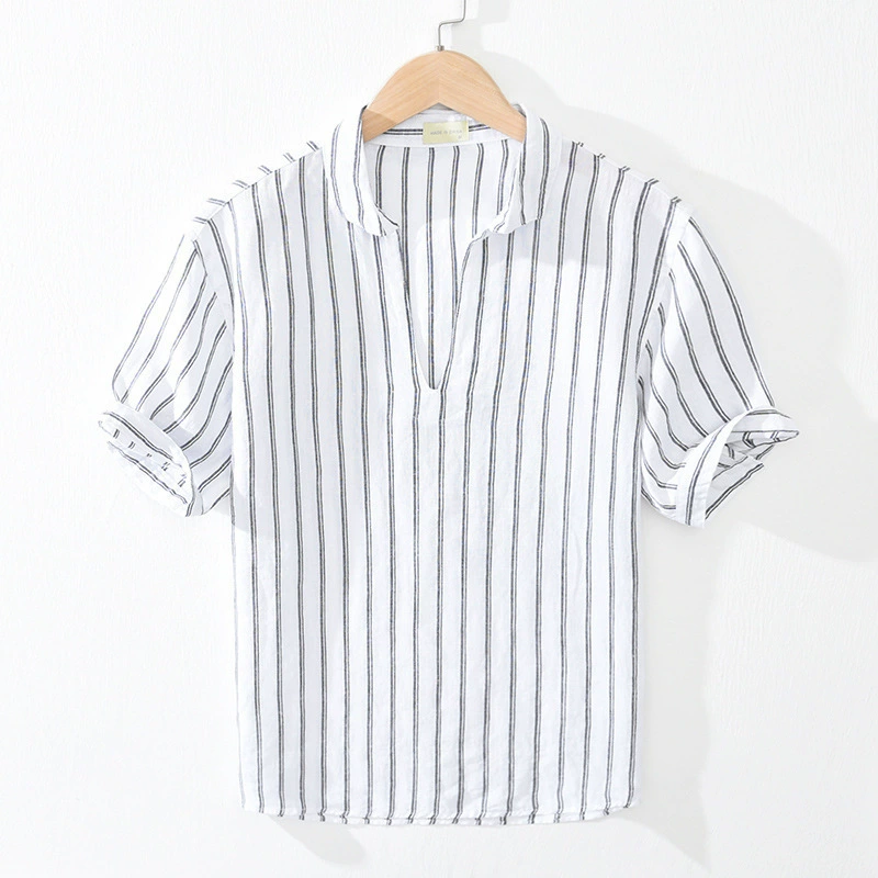 1211 шлифовальный полосатый V-образный вырез с пятью рукавами льняная футболка для мужчин повседневный топ большой размер свободный полурукав хлопчатобумажная рубашка