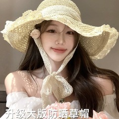 レースの縁取りが施されたビーチハット、麦わら帽子、女性用、夏、巻き縁、海辺、透かし彫り、ラフィア、日よけ帽子、大きなつば