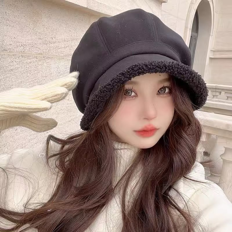Women's Octagonal Beret With Fleece Ear Protection Lamb Wool Hat_voghion.com