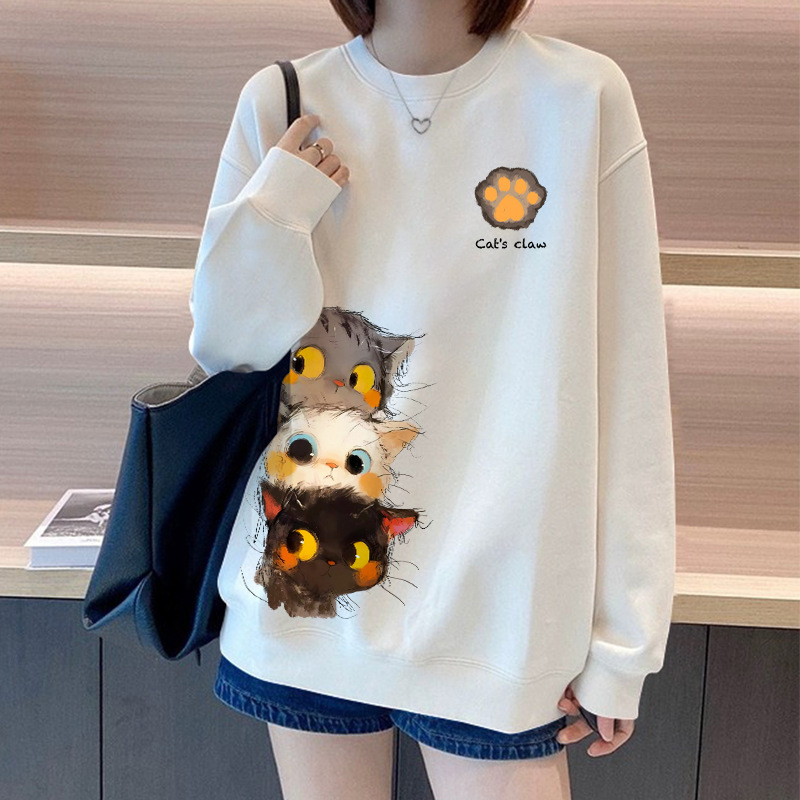 Cartoon Cat Round Neck White Sweatshirt for Women 2025 New Hot Style Autum Fashion Age-Reducing Loose Top Jacket Cartoon Cat Round Neck White Sweatshirt for Women 2025 New Hot Style Autum Fashion Age-Reducing Loose Top Jacket