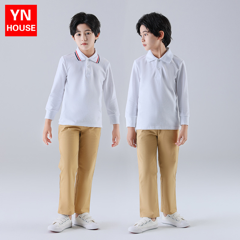 Uniformes escolares de estudiantes de primaria y secundaria de otoño nuevos productos de color khaki uniformes de jardín de niños de cintura elástica uniformes deportivos de clase para niños