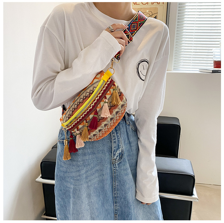 112g Weight Tassel, Weave, Sewing Thread Fashion Element Zipper Closure Type Single Shoulder Strap Strap Type Fanny Pack Bags Type Holiday, Daily Occasion cotton and linen Material Women's Backpack Backpack Waves Pattern All Seasons Season Women's Gender Ethnic Style Style Square Shape Women's Ethnic Style Waves Cotton And Linen Waist Bags 23
