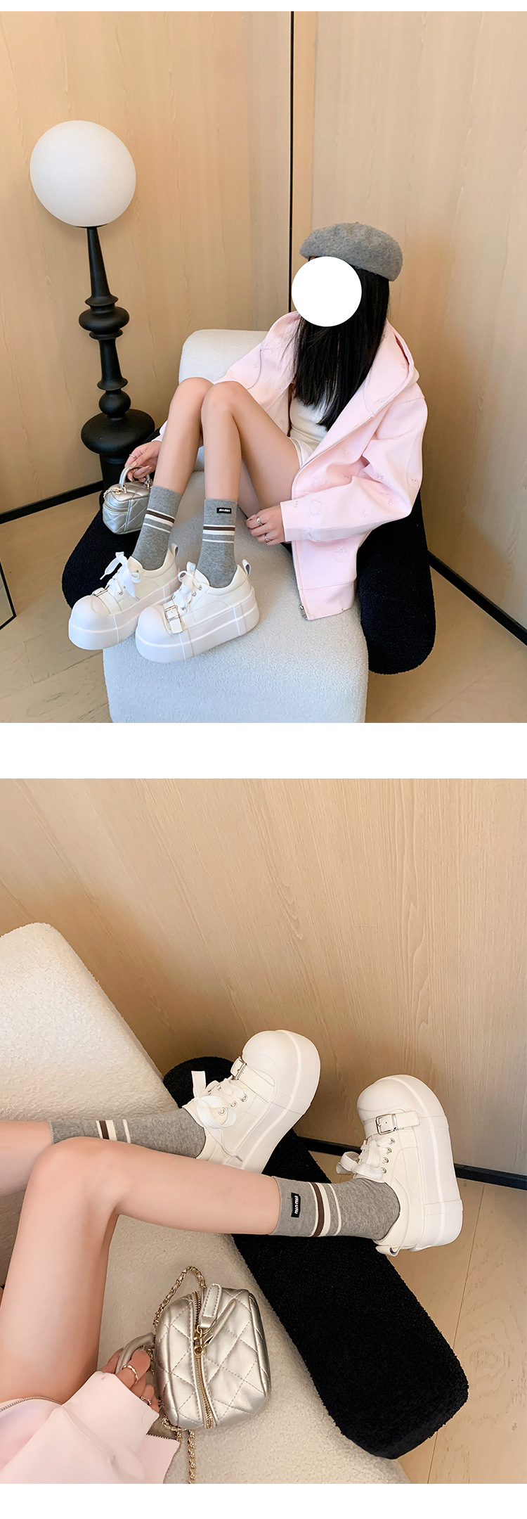 Giày sneaker nữ đế dày da thật phong cách platform khóa dây — màu đen, màu trắng chi tiết 15