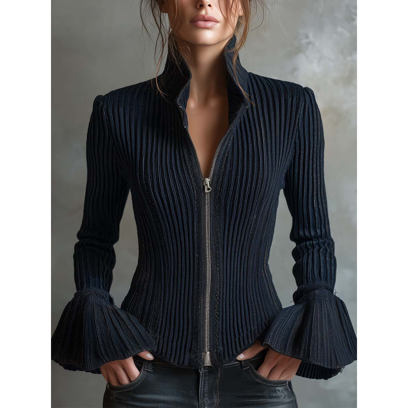 2026 Cross-Border European and American Autumn and Winter New Style Midnight Sparkle Ribbed Knit Cardigan Elegant Slim-Fit Zip-Up Women's Jacket