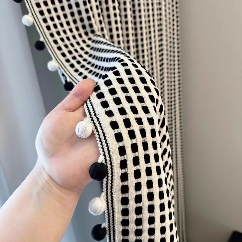 新款高级中古风黑白雪尼尔编织纹窗帘布卧室客厅遮光设计师款极简|undefined