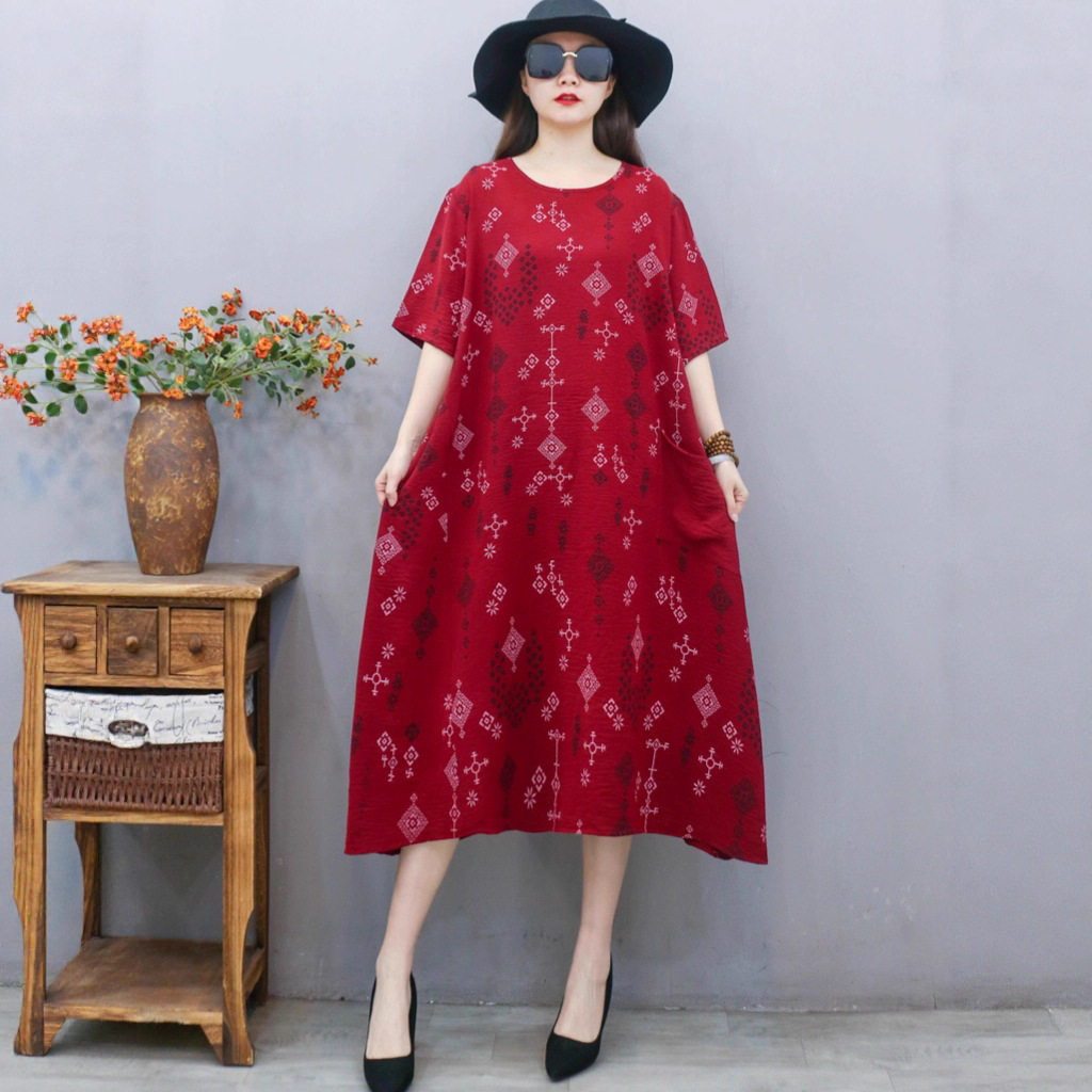 实拍2025夏季新款复古天丝棉麻圆领花口袋短袖连衣裙女宽松A字裙