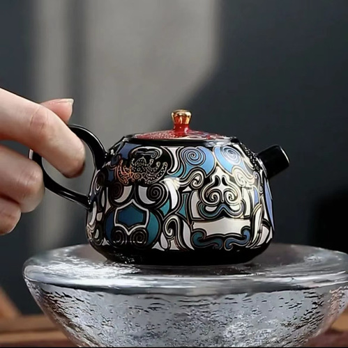 Gold and Silver Inlay Carving Color-Contrasting Taotie Tea Pot Small Size Gongfu Tea Pot Chinese Ceramic Tea Set Home Use Single Teapot