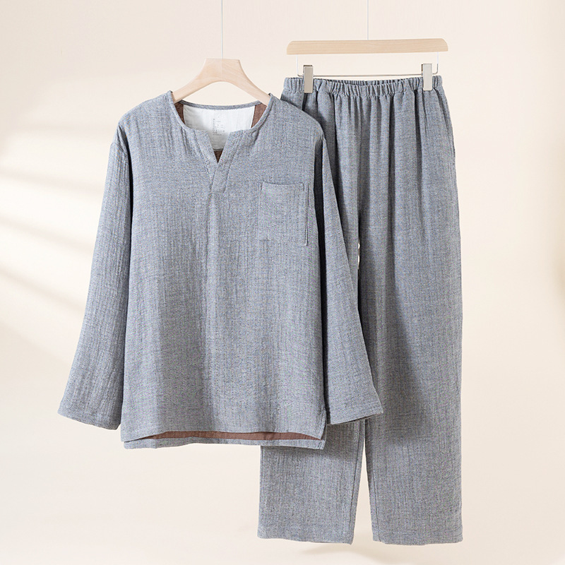 Men's Pajamas Spring and Autumn Style, All-Cotton, Japanese-Style, Simple Casual Men's Pajama Set, Pure Cotton Loungewear, Factory In-Stock