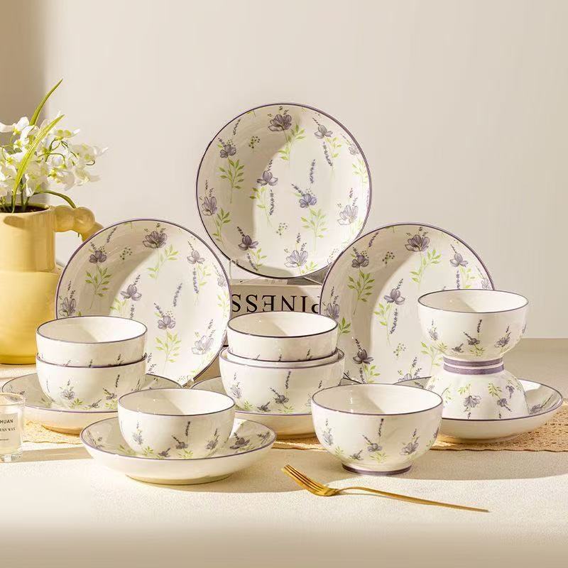 Fresh and simple lavender tableware, soup bowl, noodle bowl, minimalist underglaze ceramic rice bowl, high aesthetic dish and fruit plate Fresh and simple lavender tableware, soup bowl, noodle bowl, minimalist underglaze ceramic rice bowl, high aesthetic dish and fruit plate