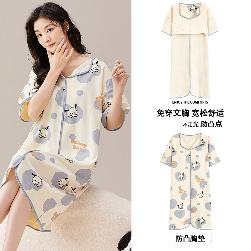 Camisón de verano con almohadilla en el pecho de las mujeres de manga corta suelta pijamas de las mujeres ocasionales prendas de vestir exteriores de algodón de dibujos animados de las mujeres homewear