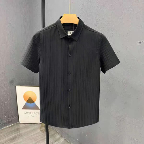 Men's Summer Striped Plain Shirt, Short Sleeve Casual Iron-Free Shirt, Lightweight and Mature Style, Collar, Korean Version, Fashionable and Trendy New
