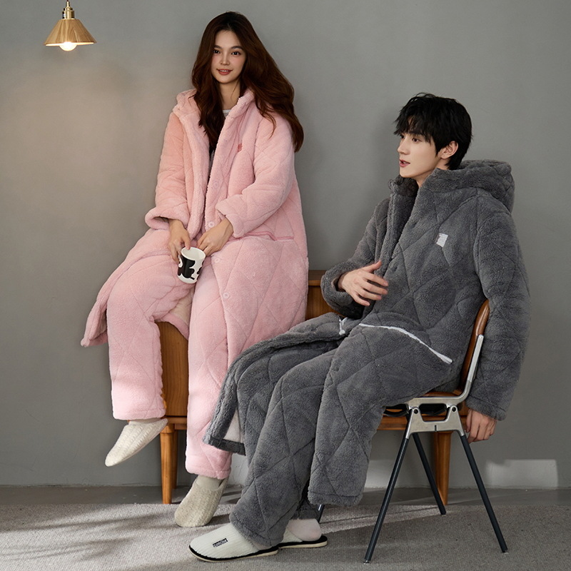 Super grueso chaqueta de algodón de tres capas, pijama de pareja de mujer, ropa de hogar de hombre, otoño y invierno, terciopelo de coral, calentamiento más grueso