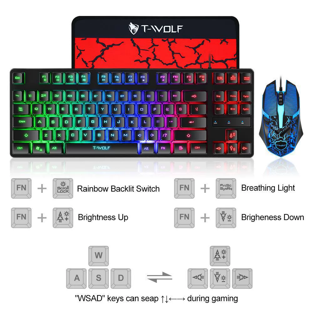 T-Wolf новая клавиатурно-мышиная гарнитура TF260 87 клавиш подсветка, игровая USB проводная трёхсекционная