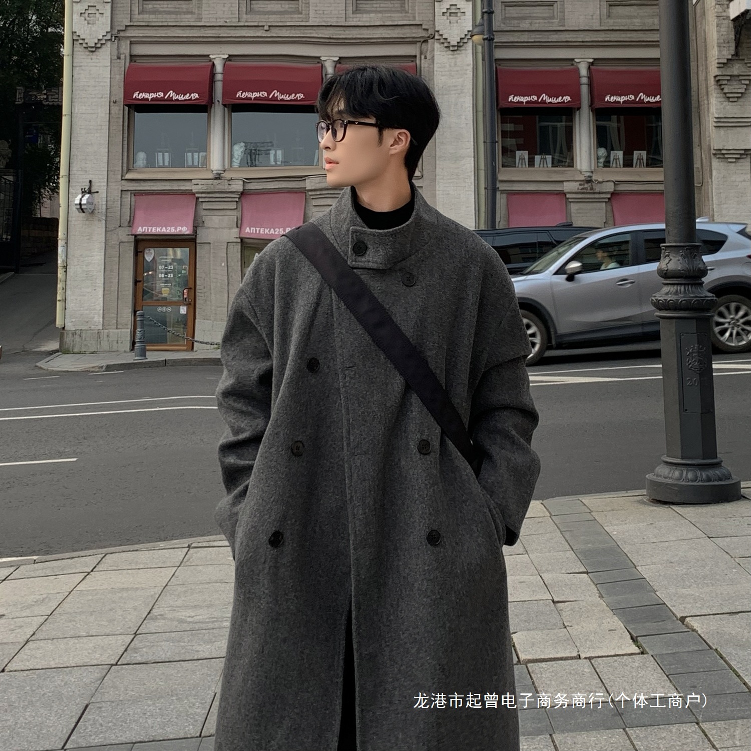港风秋冬长款过膝呢子大衣男士大码胖子立领加厚风衣