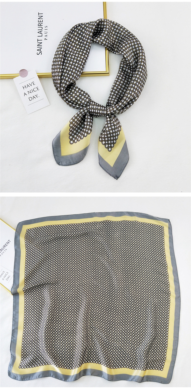 50g Weight Silk Scarf Classification Travel Occasion Silk Material Unisex Gender Printing Design Sweet Style Khaki, Grey, Purple, Red, Green, Blue, Camel, Yellow, Black Color Korean Printing Silk Square Scarf Wholesale 27