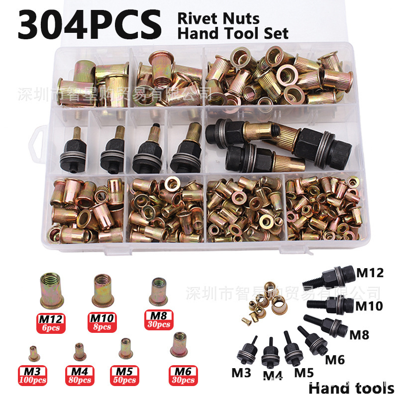 304-Piece Boxed Metric Rivet Nut Hand Tool Set Includes M3-M12 Specifications with Rivet Tool Head