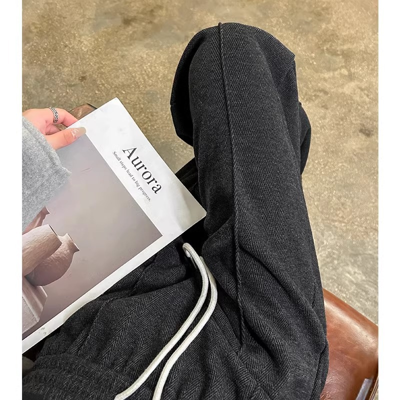 Pantalones de piernas anchas de patrón de herringbone alto para mujeres otoño y invierno 2024 Pantalones rectos de lana alargados pantalones de arroz casuales gris oscuro